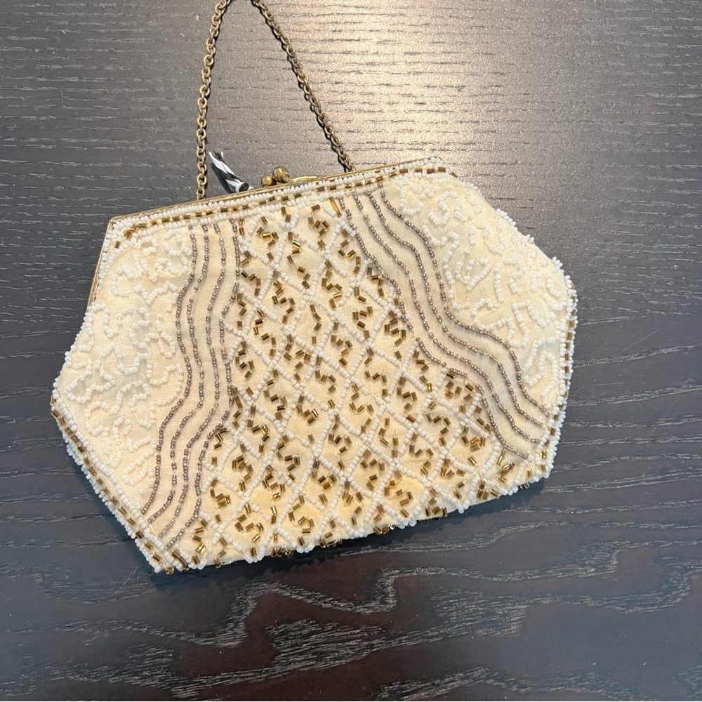 Vintage Ivory Beaded Evening Clutch with Gold Accents